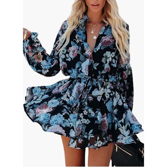 Multicolor Floral Printed Belted Ruffle Long Sleeve‎ Button Up A-Line Mini Dress - Picture 7 of 9